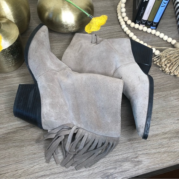 Zara Taupe Gray Suede Leather Fringe Pointed Toe Ankle Boots 36 - Picture 4 of 10